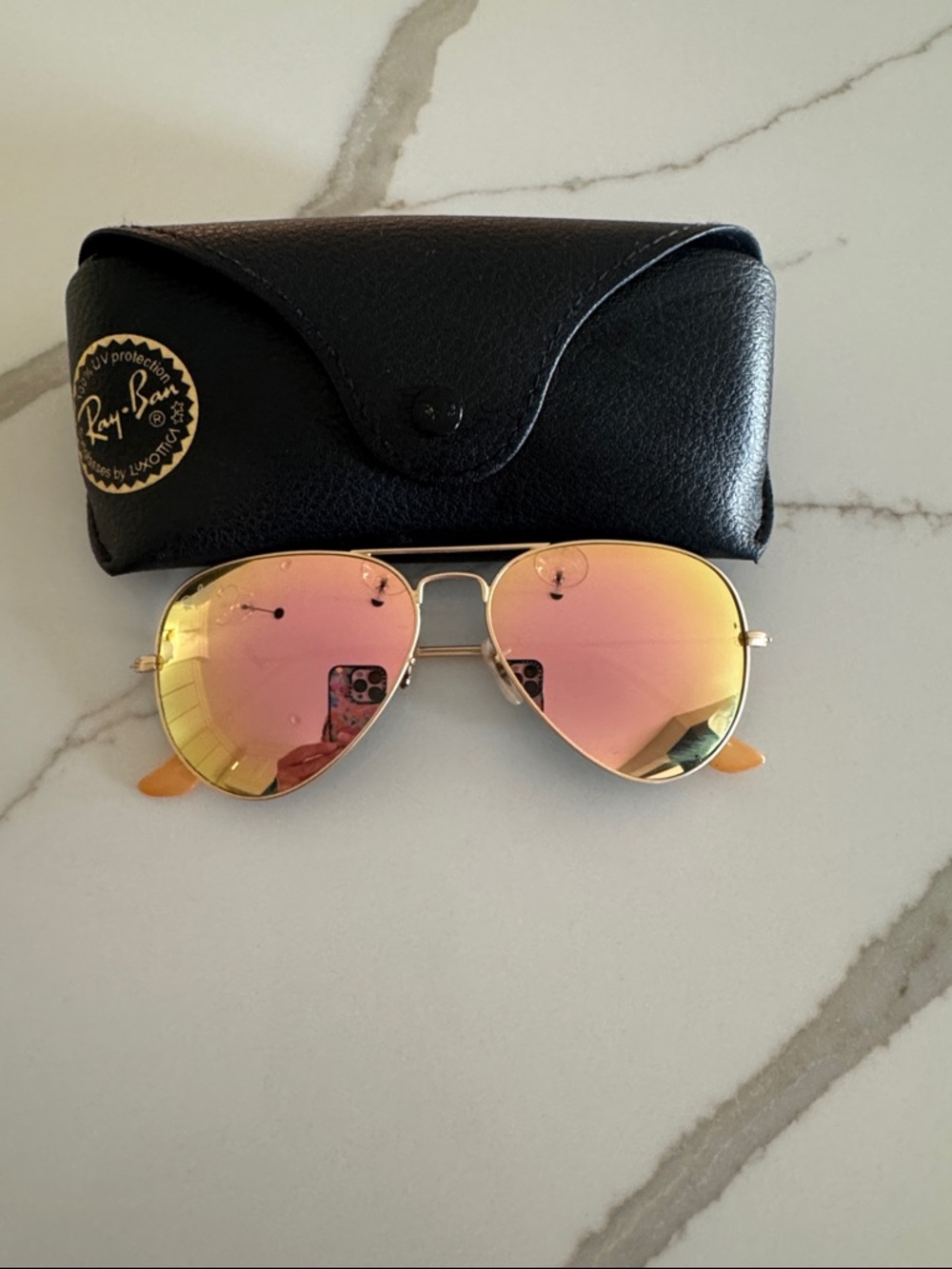Ray-Ban Gold Frame Pink-Orange Mirrored Aviator Sunglasses